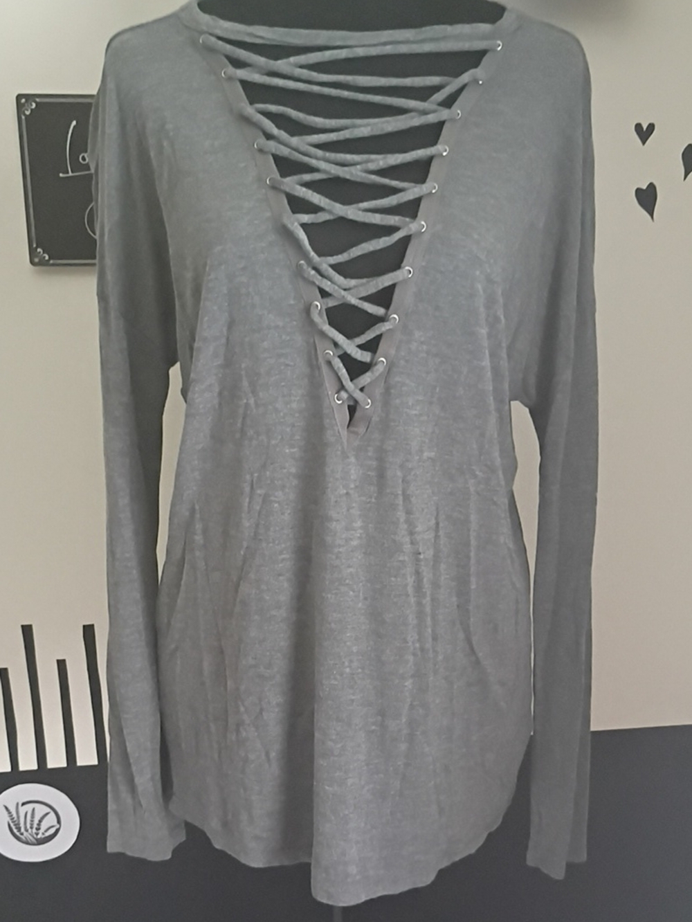 Express Gray Lace-Up V-Neck Long Sleeve Top